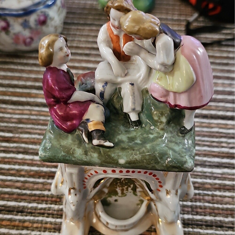 Antique German Porcelain Fairing Trinket Box Figural Children Gilt Base c1880